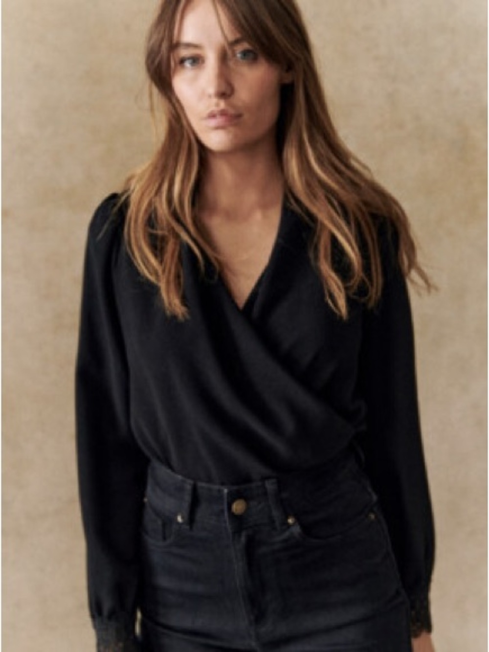Sezane Black Long-Sleeve Wrap Blouse